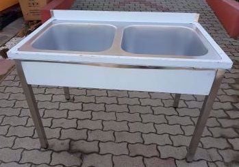 Új inox fóliás 2 medencés ipari nagy konyhai mosogató 50x50x30cm-es medencékkel