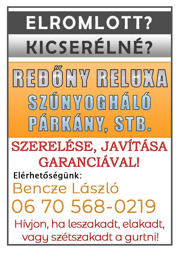 Redőny, reluxa, szúnyogháló, párkány, stb. szerelése, javítása garanciával