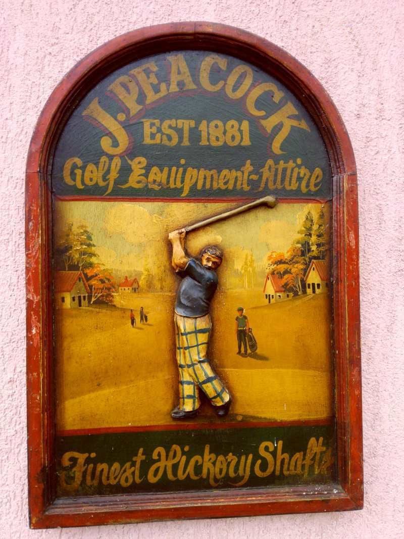 Antik festett reklámtábla domborműves faragvánnyal, J. Peacock Golf Equipment 1881, keretezve