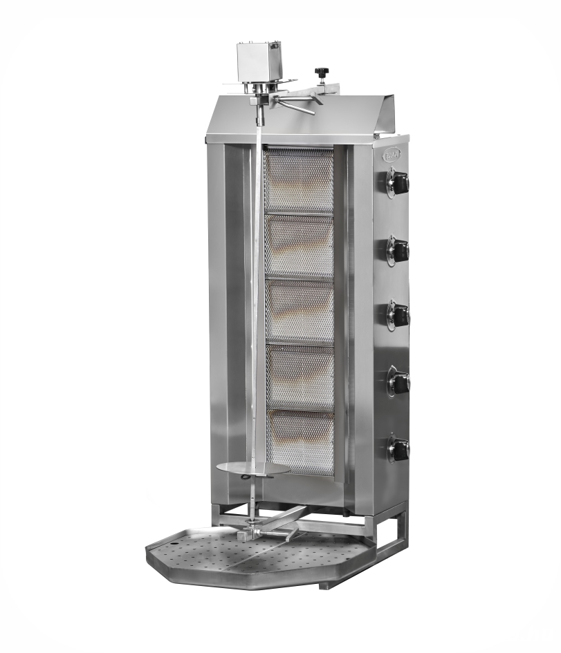 inox motoros 5 égős gyros gyrossütő gyroskészitő 70 kg hús kapacitás