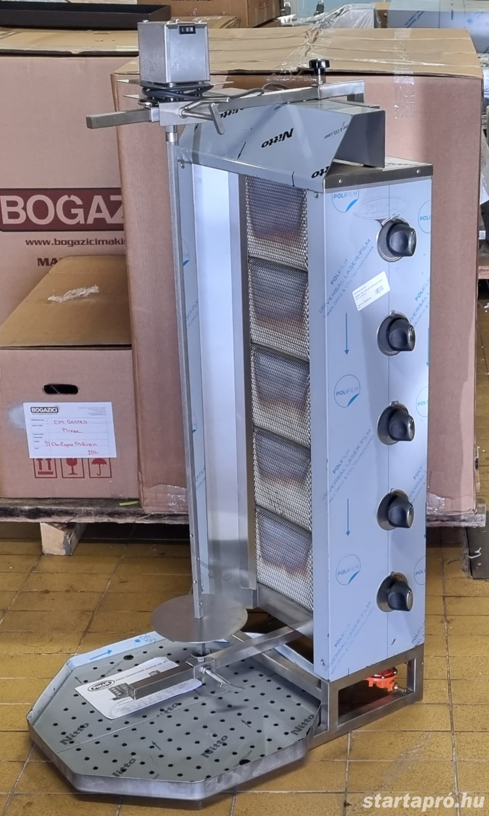 inox motoros 5 égős gyros gyrossütő gyroskészitő 70 kg hús kapacitás