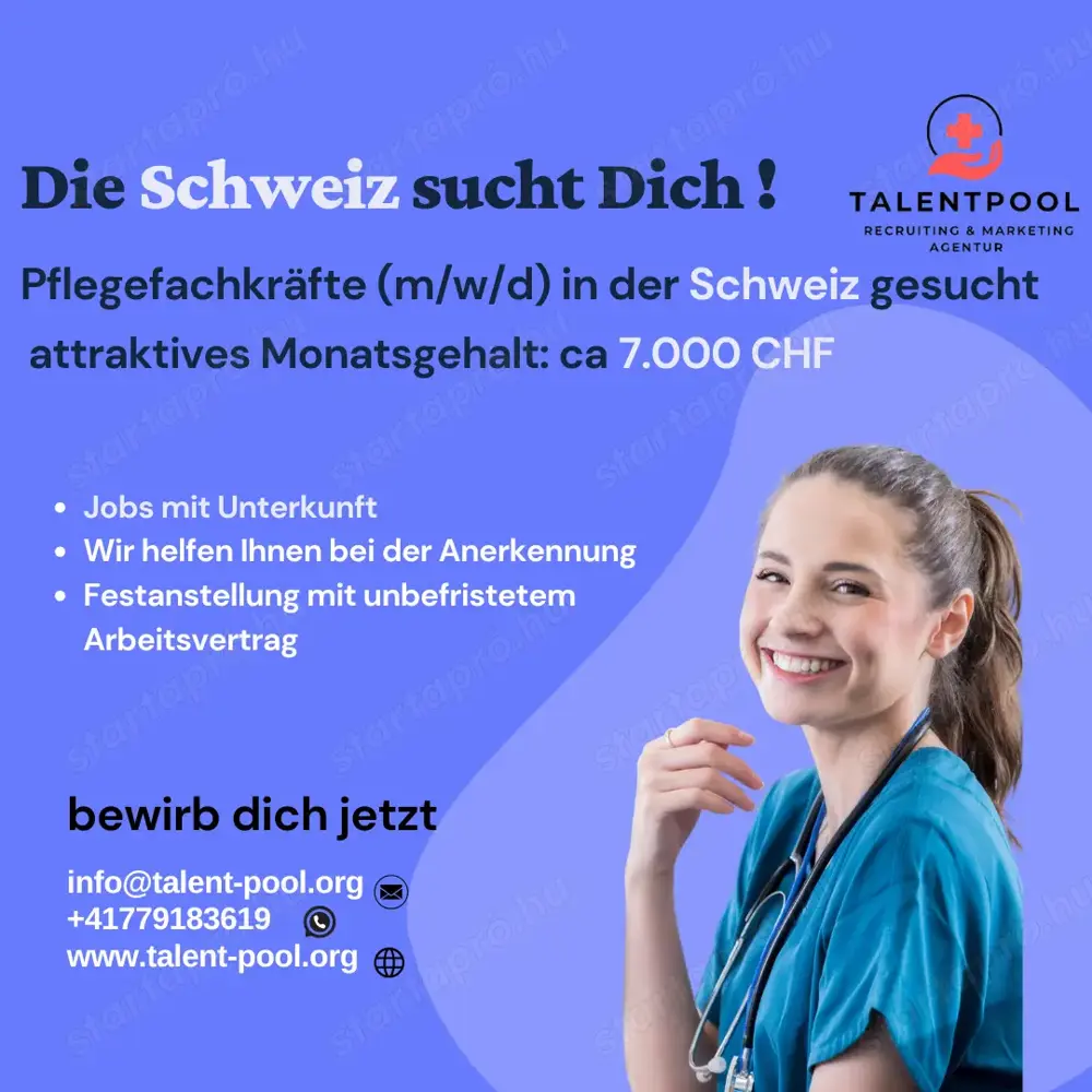 Ápolók Svájcba Ingyenes szállás + 7.000 CHF hó fizetés Ápolók Svájcba Ingyenes szállás + 7.000 CHF hó fizetés