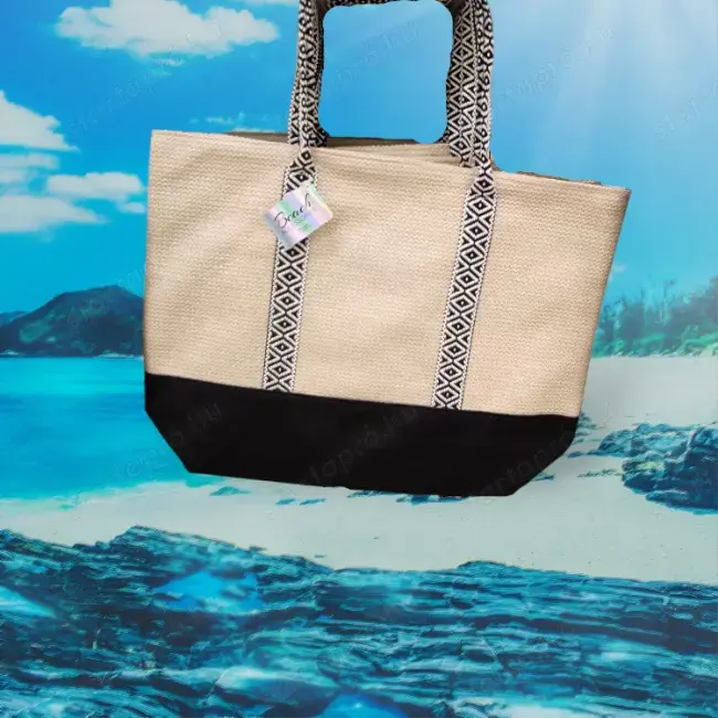 Bézs-fekete strandtáska mintás   55,5x14x42 cm