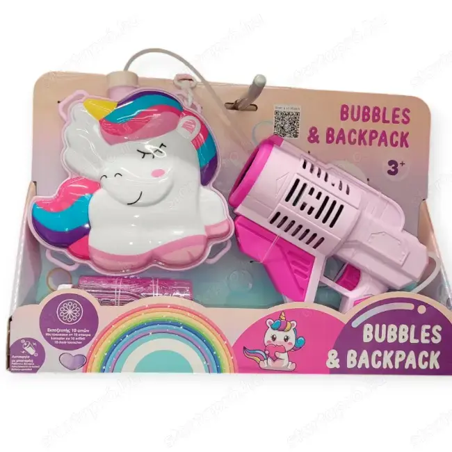 Egyszarvú táskával ellátott szappanbuborék géppuska