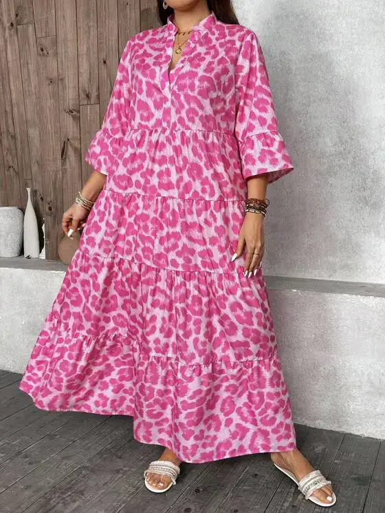 Nagy méretű XXL, női rózsaszín leopárdmintás alkalmi ruha