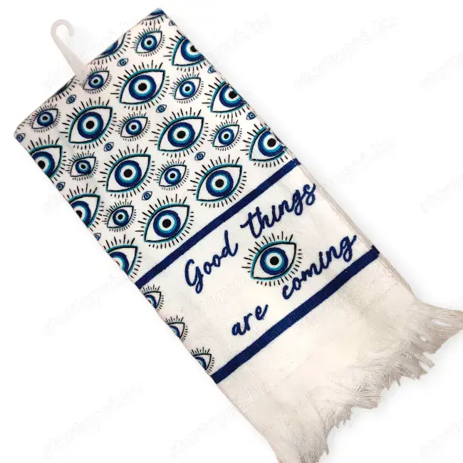 Fehér pamut konyharuha   Gonosz szem, felirattal   60x35 cm