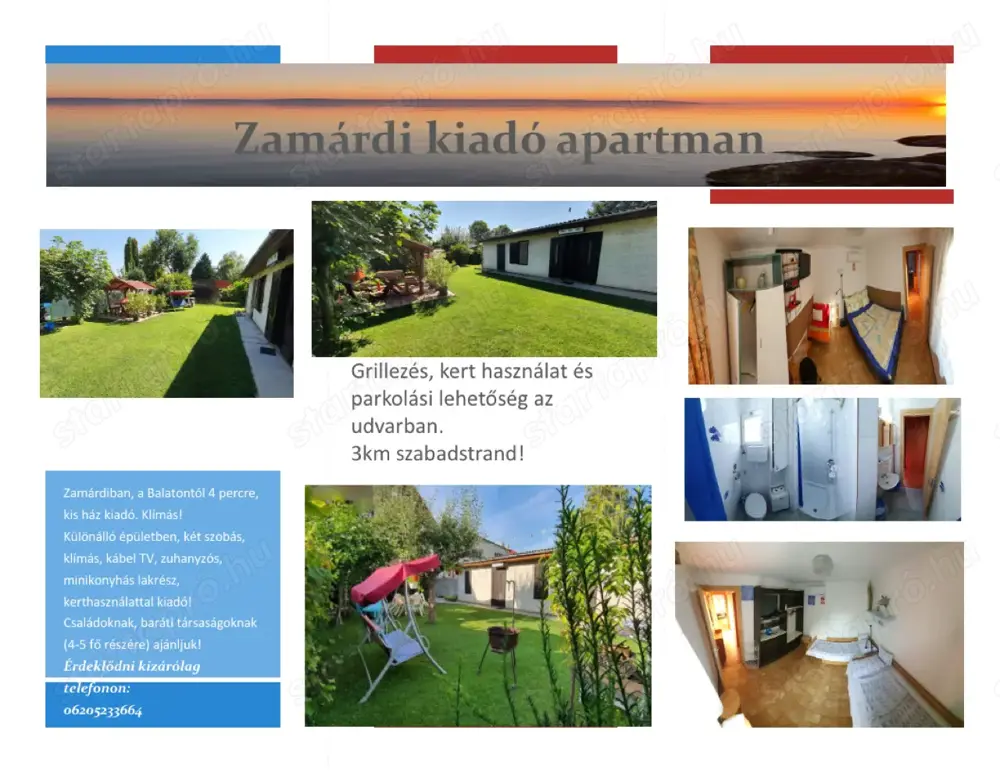 Zamárdiban, a Balatontól 4 percre, klímás, kis ház kiadó.
