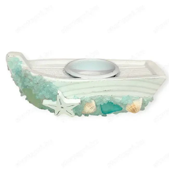 Fa csónak alakú mécsestartó hálóval   tengerparti dekoráció