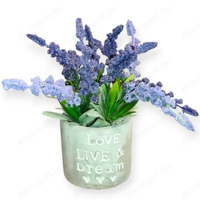 Szürke dekoratív kerámia edény levendula műnövénnyel 8x17 cm