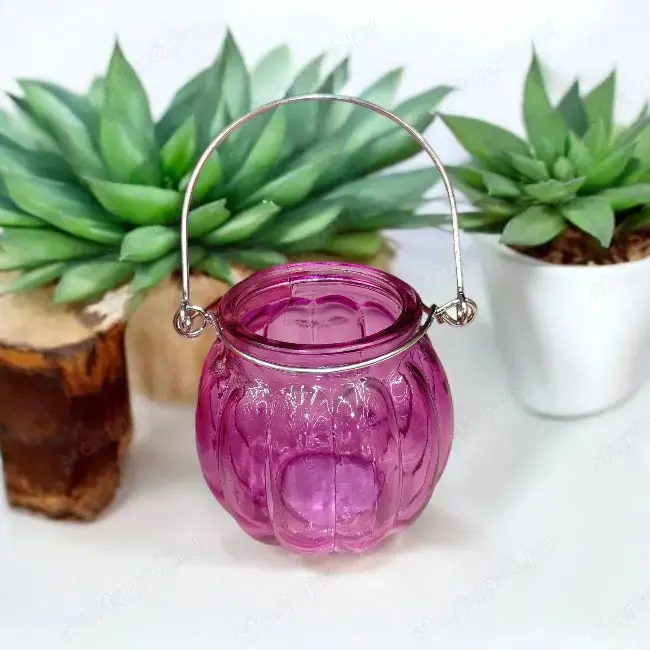 Fukszia üveg töklámpa   stílusos mécsestartó fém fogantyúval