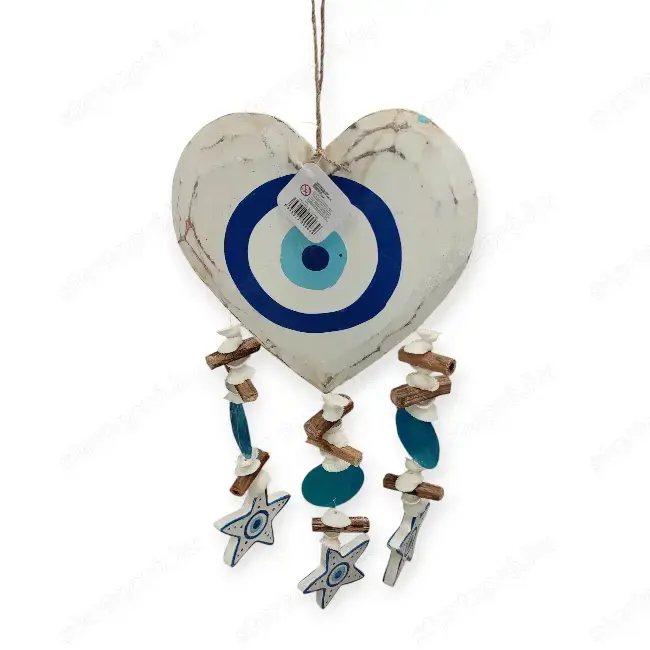 Nyári függő dekoráció fa szívvel és görög szemekkel