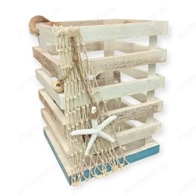 Dekoratív fa lámpás tengerparti stílusban   fehér-kék gyertyatartó üvegbetéttel