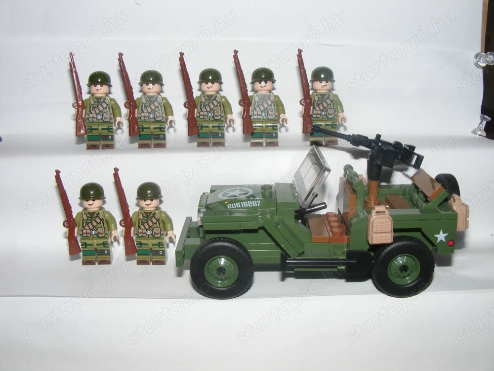 Lego 2. Világháborús U.S. Willis Jeep + Amerikai katonák 7db katona ÚJ