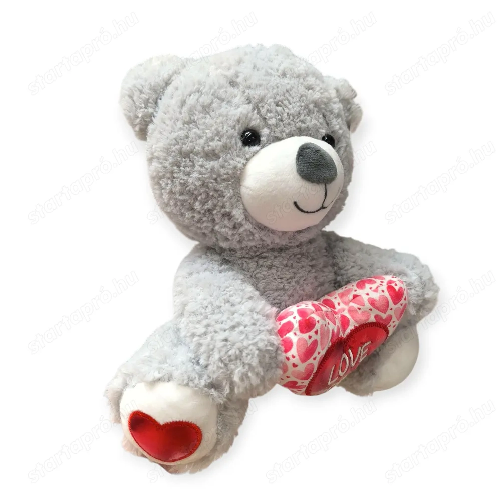 Szürke plüss mackó piros rózsaszín szívvel 25 cm