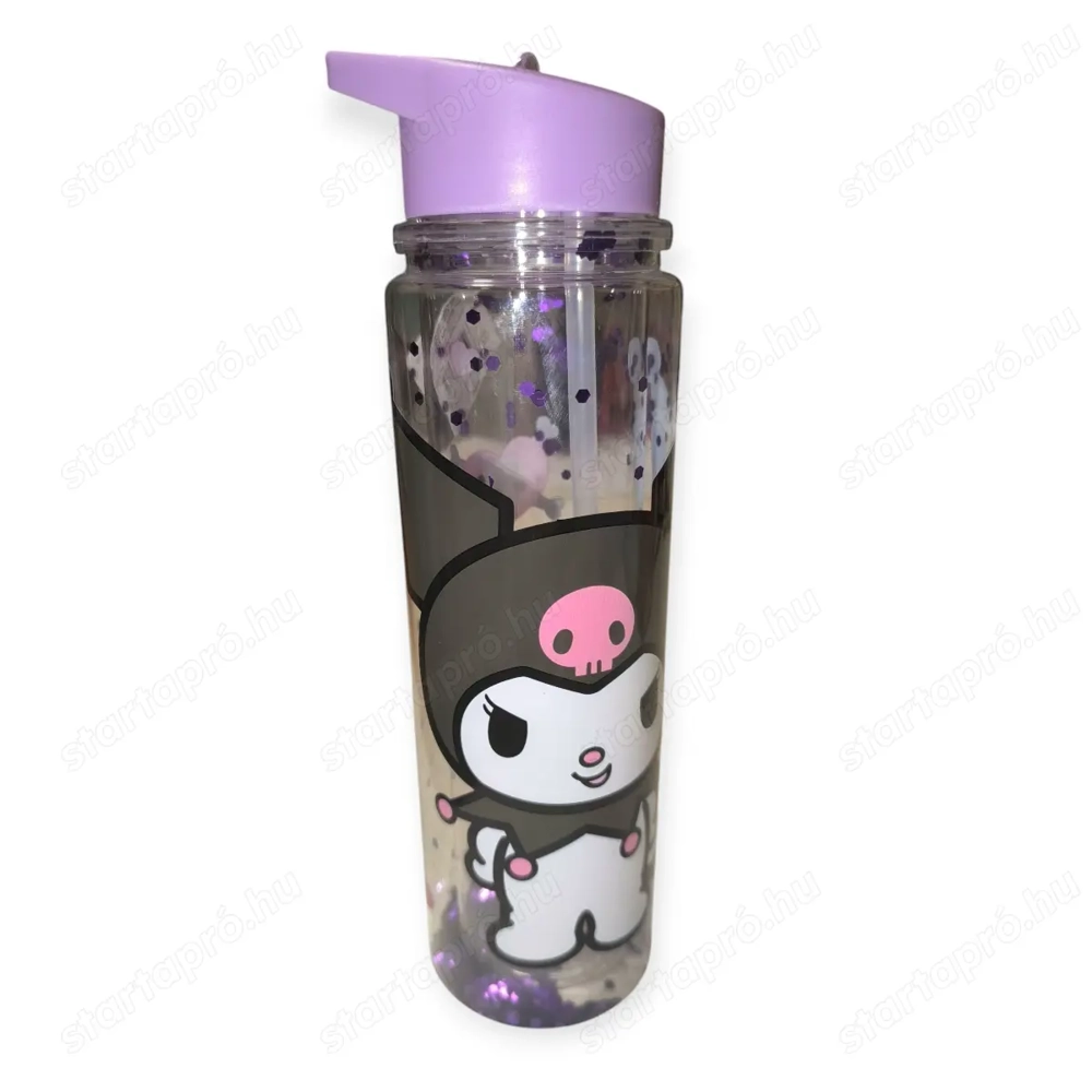 Kuromi kulacs 500 ml   átlátszó duplafalú lila csillámos gyerek vizes palack szívószállal