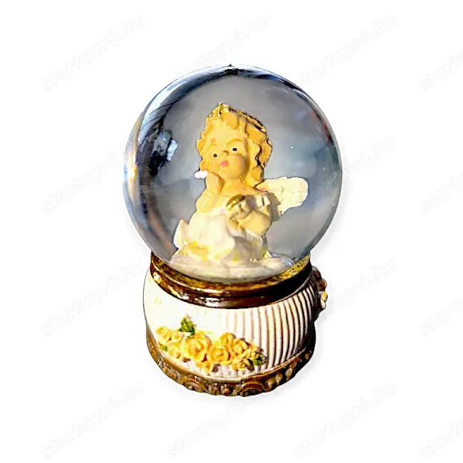 Karácsonyi hógömb angyalkával   rózsás talppal, 6 cm