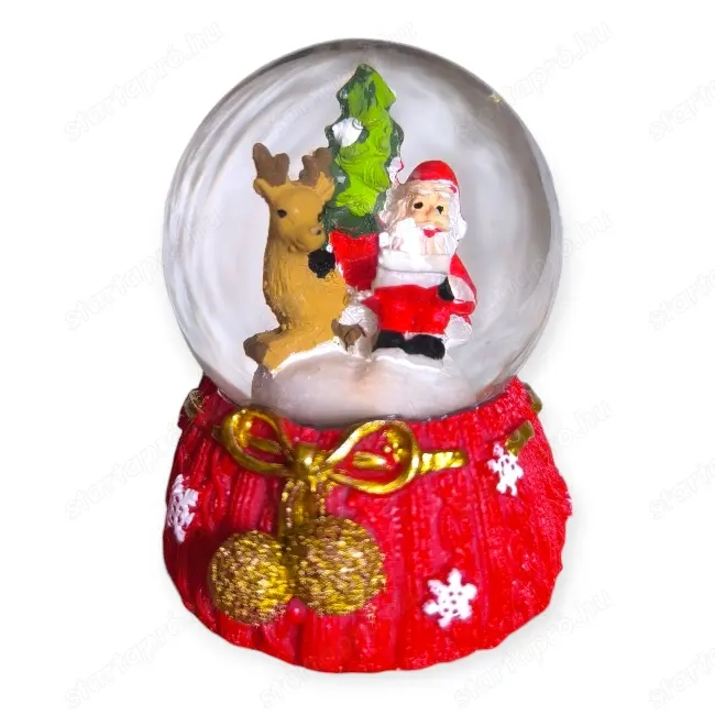 Karácsonyi hógömb Mikulással   piros faragott talppal, 6 cm