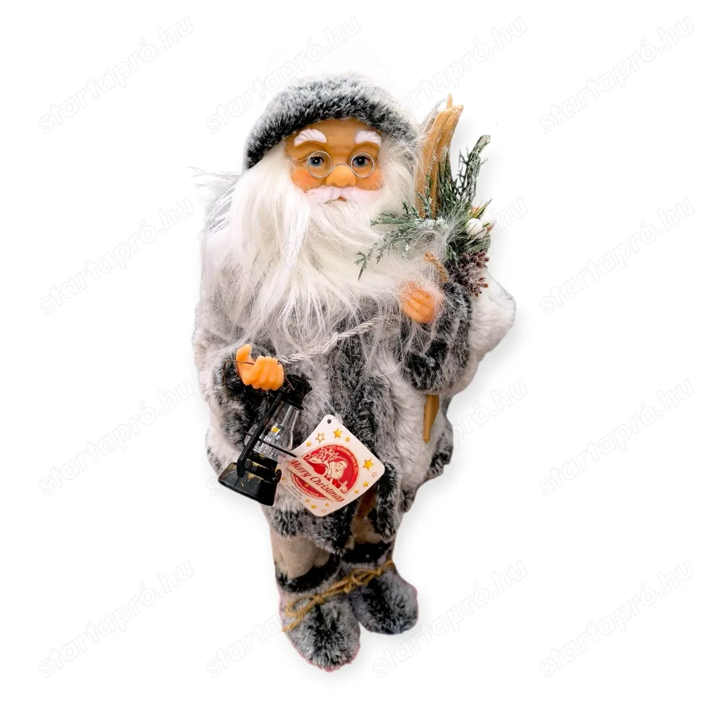Mikulás dekoratív figura szürke ruhában, síléccel és lámpással 45 cm