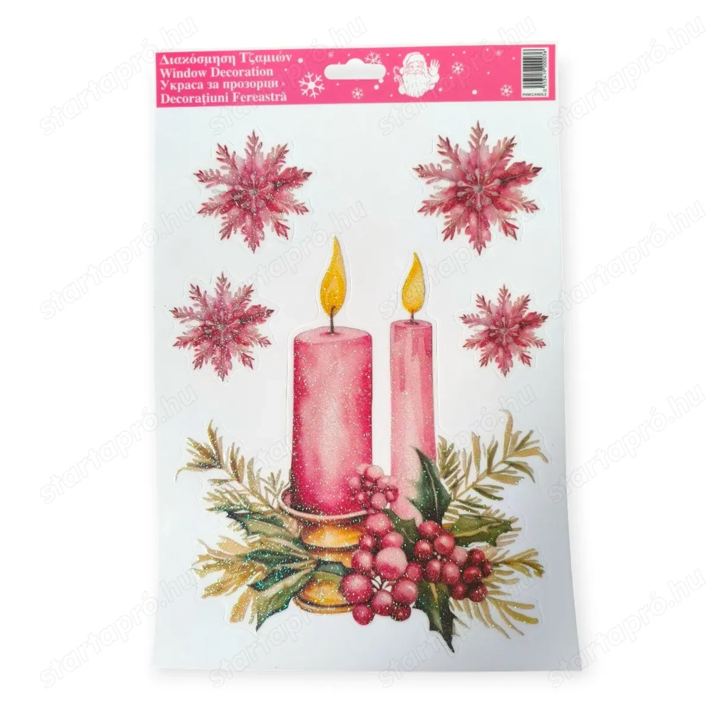 Karácsonyi matricák gyertyák és hópelyhek rózsaszín csillámmal 20x27 cm