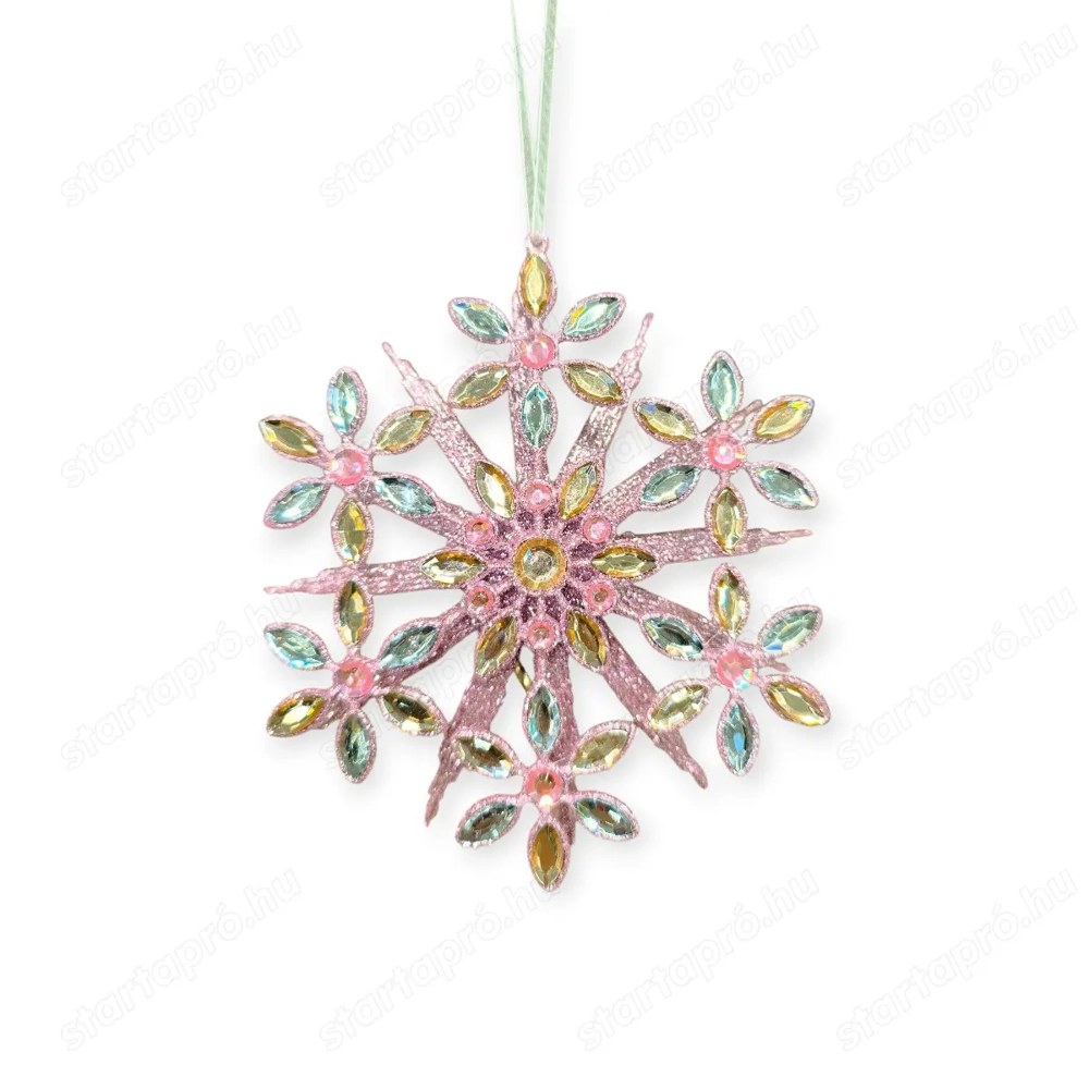 Rózsaszín 3D hópehely karácsonyfadísz csillámmal és kristályokkal 13cm