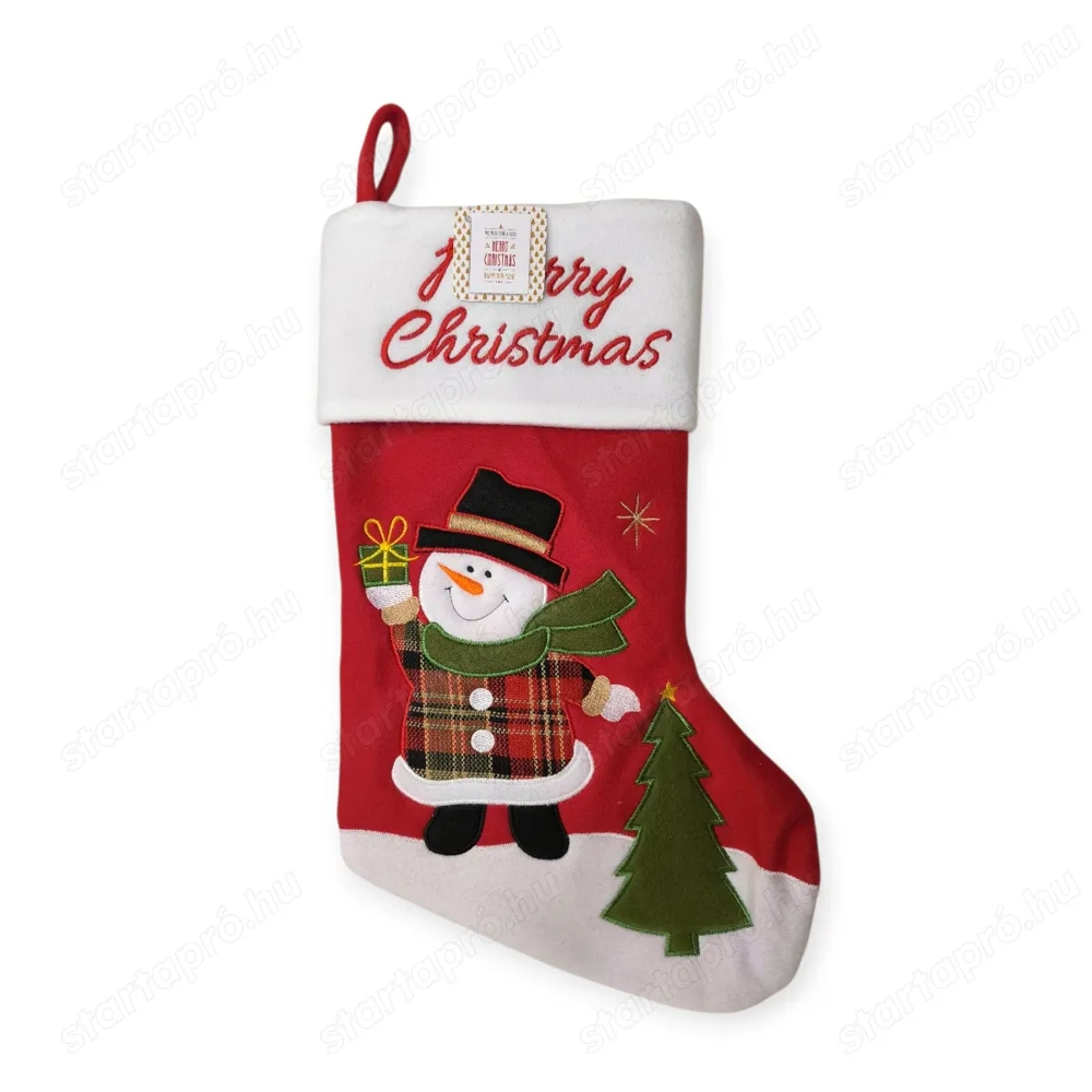 Piros karácsonyi mikuláscsizma hóemberrel 25x38cm