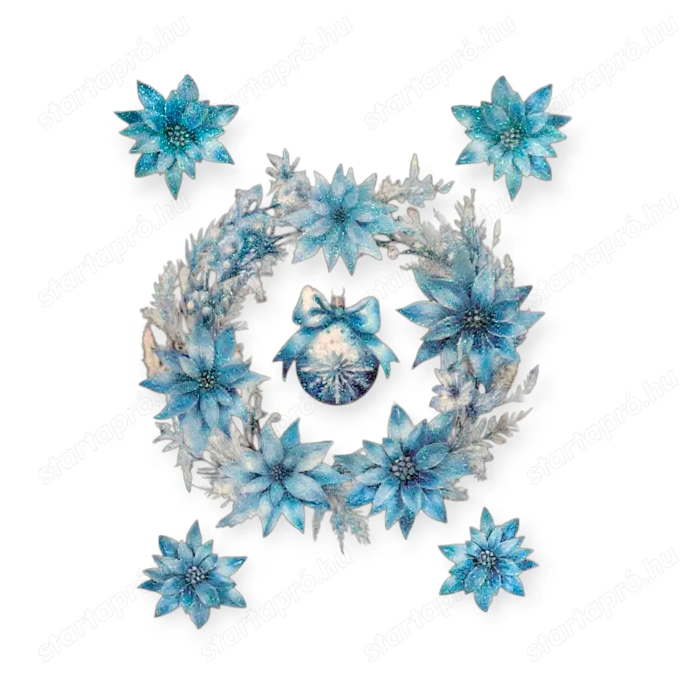 Karácsonyi ablakmatrica koszorúval és gömbökkel kék csillámos 30x38cm