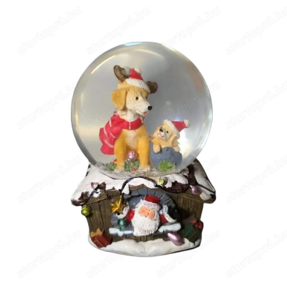 Zenélő karácsonyi hógömb kutyákkal   Barna ház dekoráció, 13,5 cm