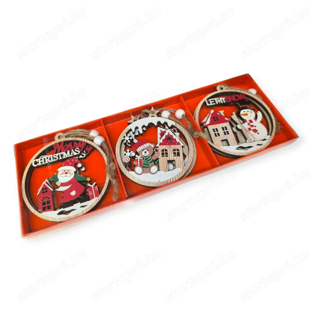 Fa karácsonyfadísz készlet   Mikulás, mackó és hóember motívumokkal,  8 cm (6 db)