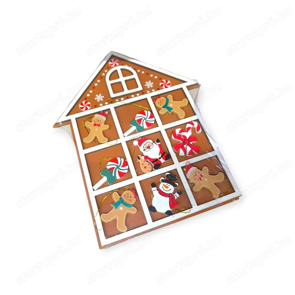 Fa karácsonyfadísz készlet faház dobozban   9 db (3,5 cm)