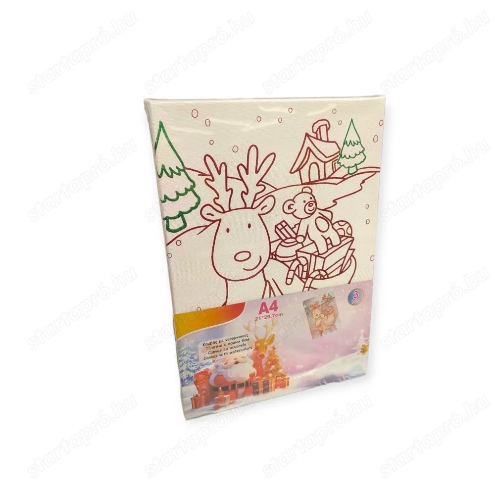 A4 karácsonyi vászon színező készlet   Rénszarvas és ajándékok, akvarellel (3 darabos)