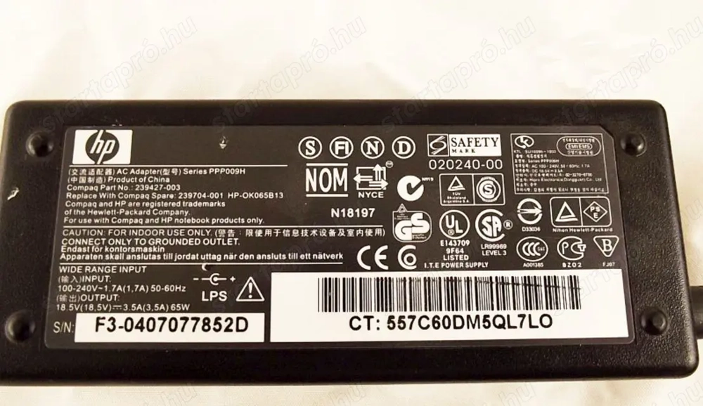 Hálózati töltő adapter: HP Pavilon, Compaq, Presario, 18.5V 3.33A 65W PPP009H