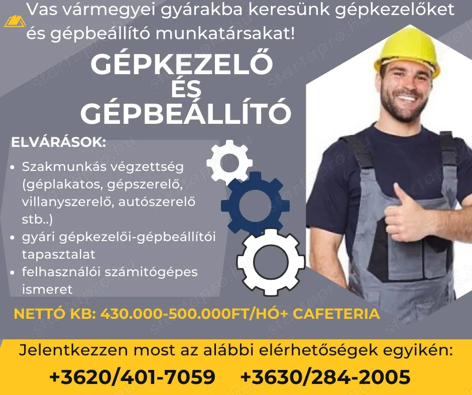 Vas Vármegyei partnercégünkhöz keresünk Gépkezelőket, gépbeállítókat