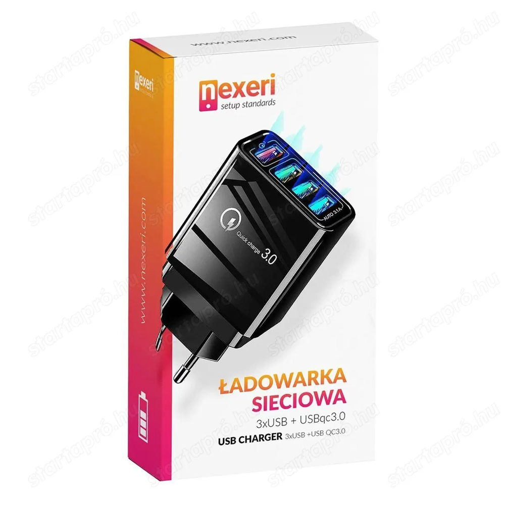 Nexeri fali töltő, 4 x USB, Gyors töltés, Fekete
