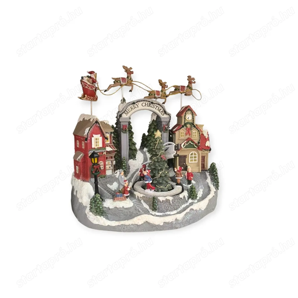 Karácsonyi jelenet falu gyermekfigurákkal, szánkóval és mozgó elemekkel, 32 20,5 32 cm