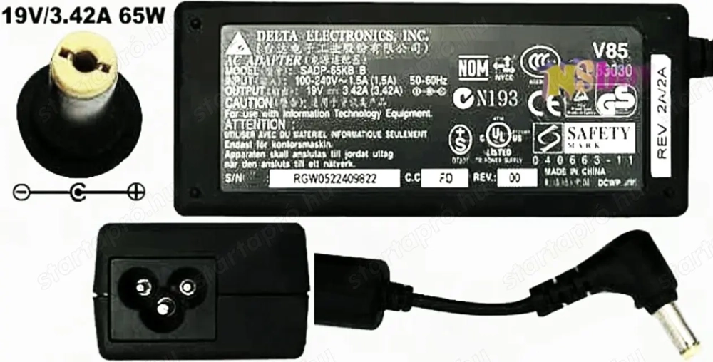 Notebook töltő, hálózati adapter, DELL, TOSHIBA, GATEWAY, ACER típusokhoz, Delta SADP-65KB B.