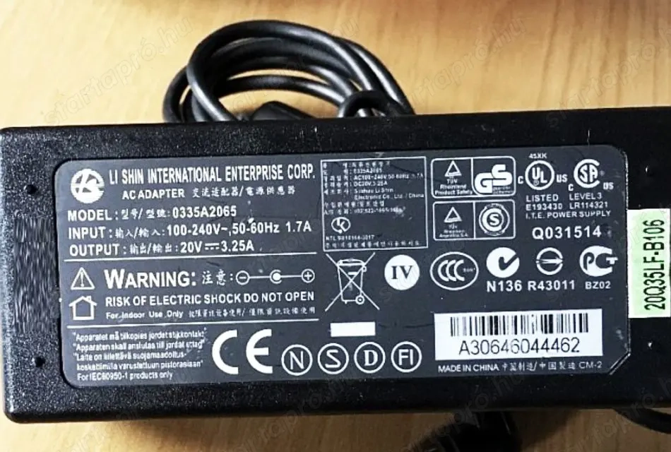 Li Shin 0335C2065, LSE9901A2070 laptop töltő adapter - 65W (20V 3.25A)