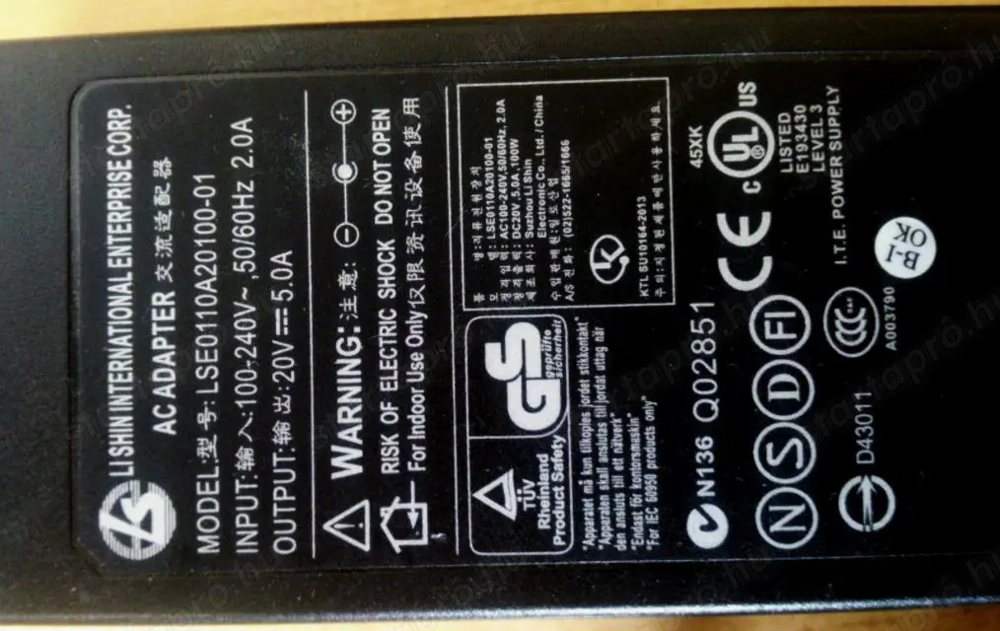 LI SHIN LSE0110A20100-01 Laptop Adapter 20V. 5A.