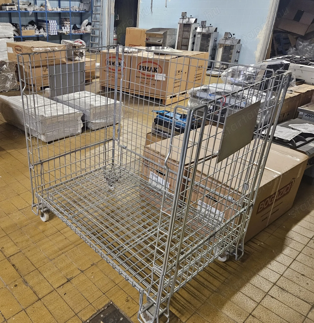 Görgős tároló acél alaplappal, 3 oldalrács, 125x126x85 cm-es 500 kg teherbírás