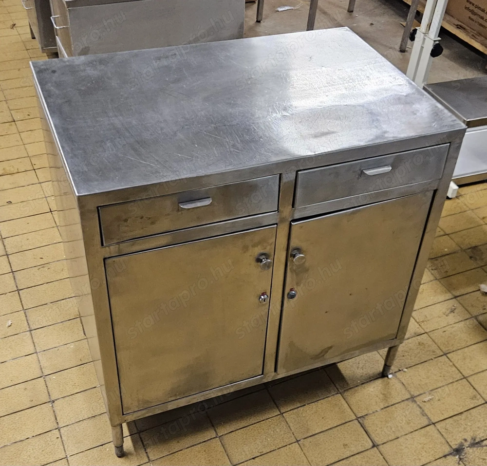 inox  munkaasztal szekrény 2 fiokkal 2 ajtóval köztes polccal 90x60x91cm-es