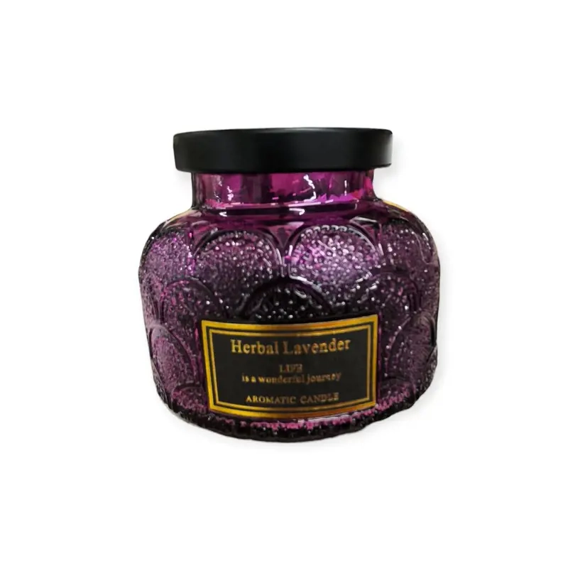 Illatgyertya lila dupla kanóccal levendula illattal üvegben