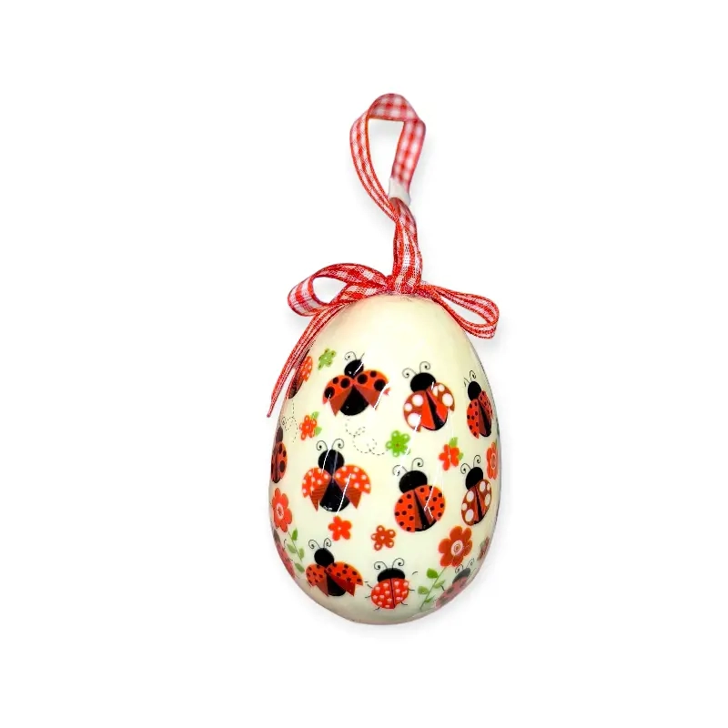 Húsvéti katicás dekorációs tojás   piros szalagos, 7,5 cm
