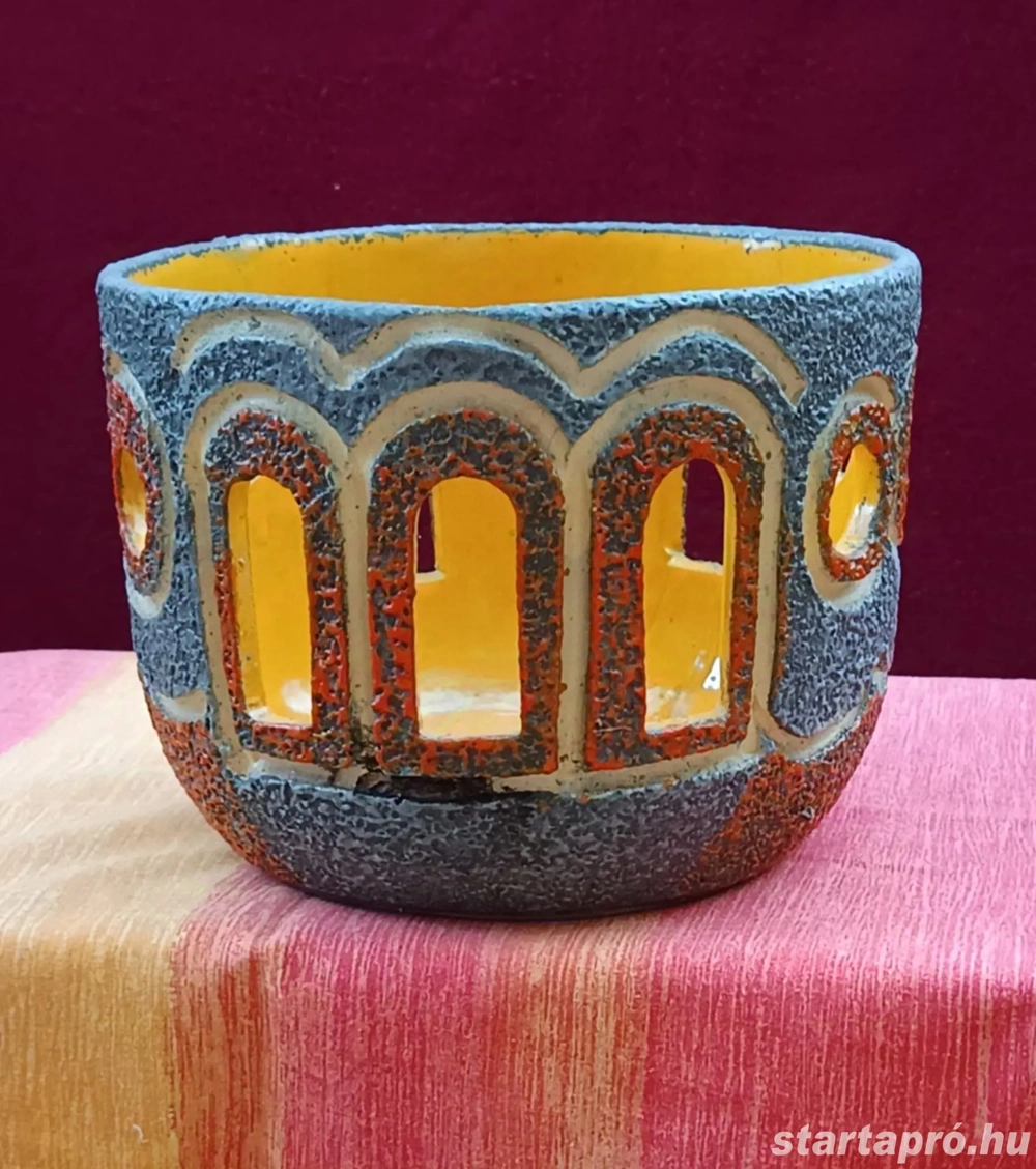  Vintage, retro, kézműves kerámia kaspó, iparművészeti váza