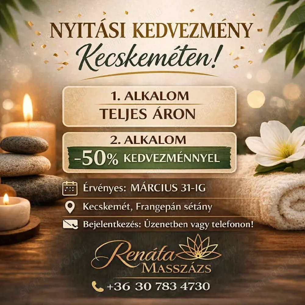 Megnyitottam Kecskeméten!  Szeretettel várlak a Renáta Masszázsban a Frangepán sétányon.