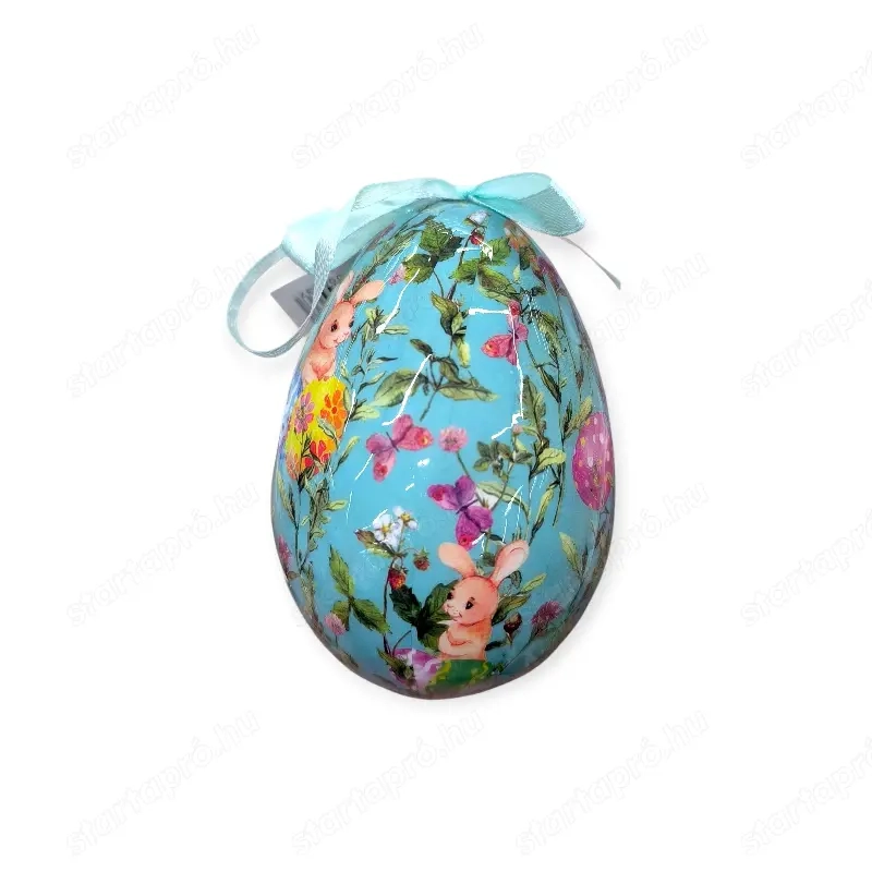Húsvéti tojás türkiz   nyuszis virágos, 10 cm