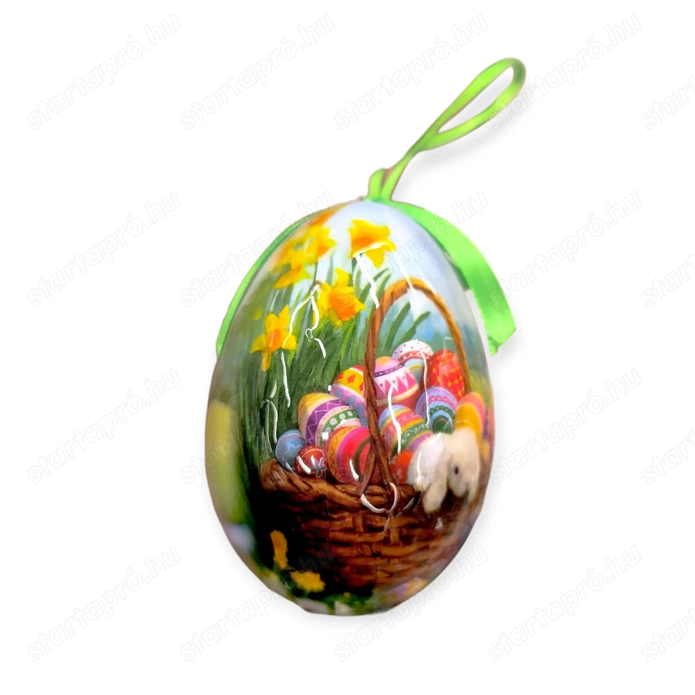 Húsvéti tojás nárciszokkal   kosár, nyuszival és zöld szalaggal, 10 cm