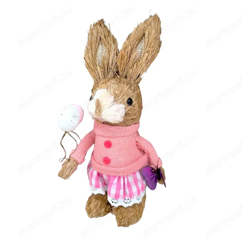 Húsvéti dekoráció   természetes rost nyuszi rózsaszín ruhában, pillangóval és tojással, 28 cm