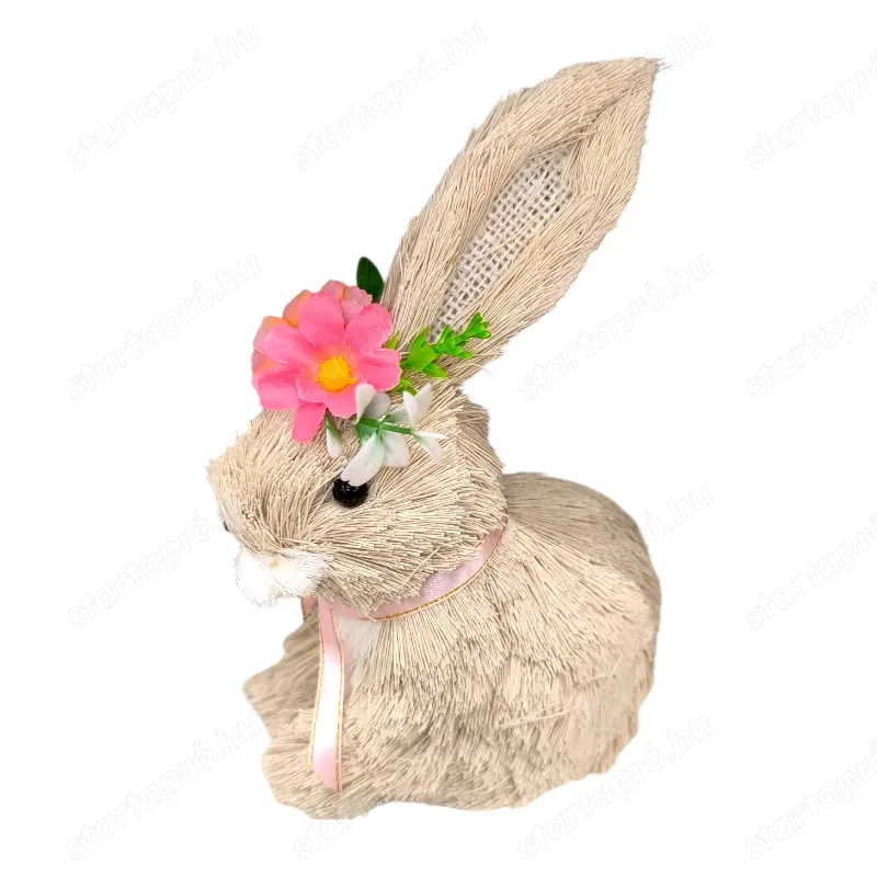 Húsvéti dekoráció   természetes rost nyuszi virágokkal 20 cm