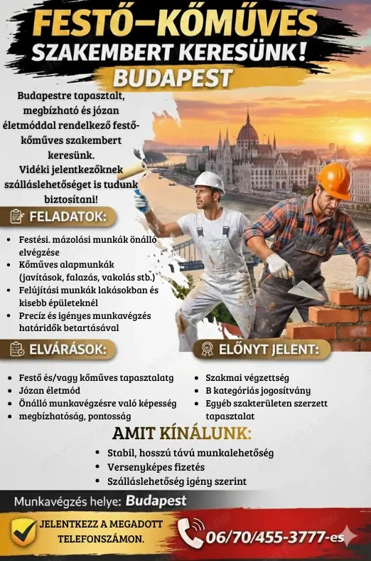 Festő kőműves szakembert keresünk - budapesti munkavégzéssel
