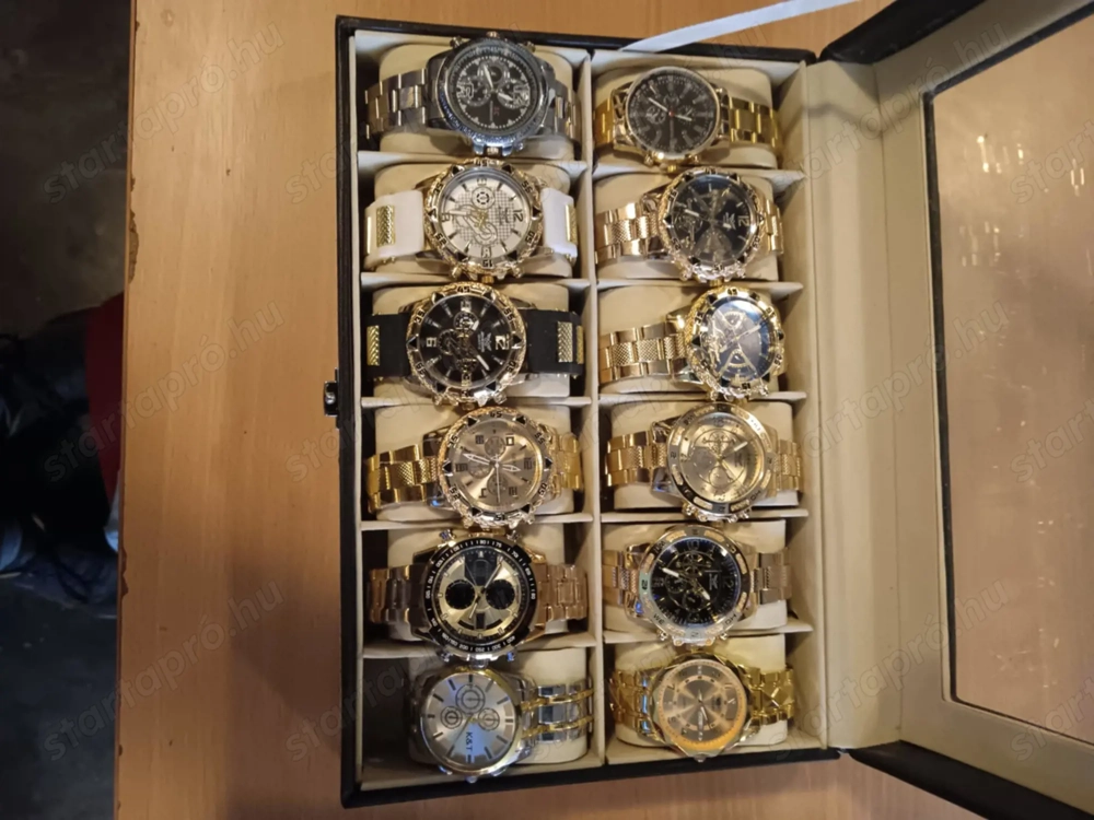 12 db-os óragyűjtemény üvegfedeles zárható bőr díszdobozban