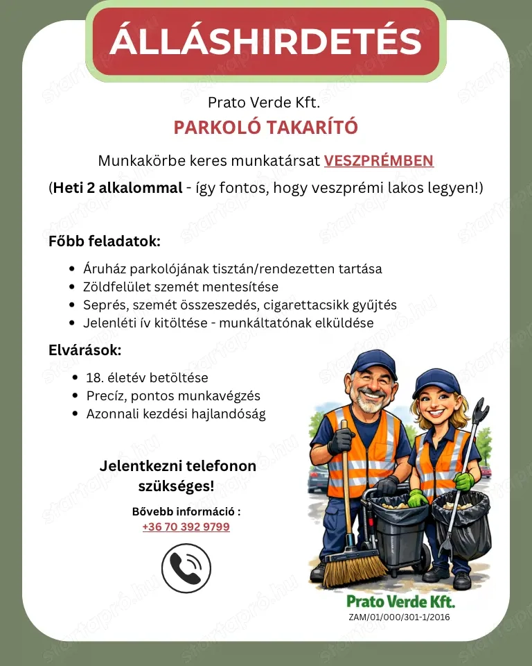 Parkoló takarító állás Veszprém